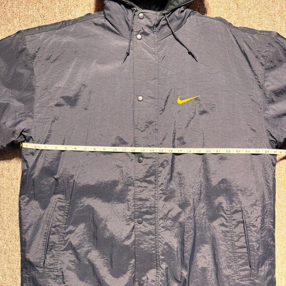 Vintage 90s Nike Dark Grey Navy Yellow Coach Puffer Long Jacket Large Zip Hood - Picture 3 of 12